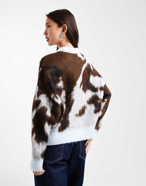 ASOS DESIGN abstract brushed cow jacquard jumper in blue and brown, 3 of 4