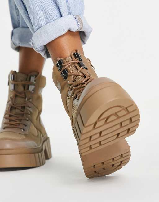 ASOS DESIGN Abstract chunky lace up hiker boots in beige