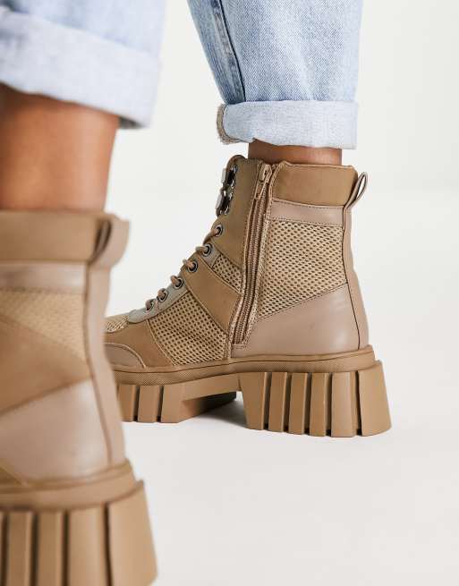 ASOS DESIGN Abstract chunky lace up hiker boots in beige, 3 of 4