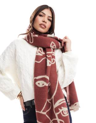 ASOS DESIGN ASOS DESIGN abstract face jacquard woven scarf in burgundy and dusky pink-Multi