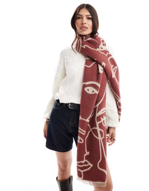 ASOS DESIGN abstract face jacquard woven scarf in burgundy and dusky pink, 2 of 4