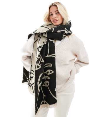 ASOS DESIGN abstract face jacquard woven scarf in stone and black-Multi