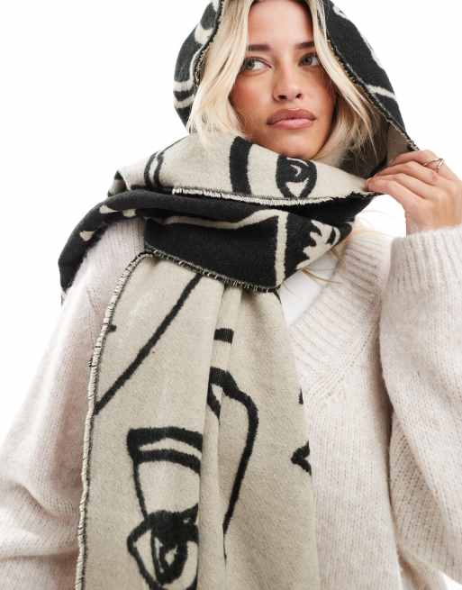 ASOS DESIGN abstract face jacquard woven scarf in stone and black, 4 of 4
