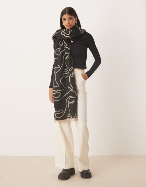 ASOS DESIGN abstract face jacquard woven scarf in stone and black - view 1