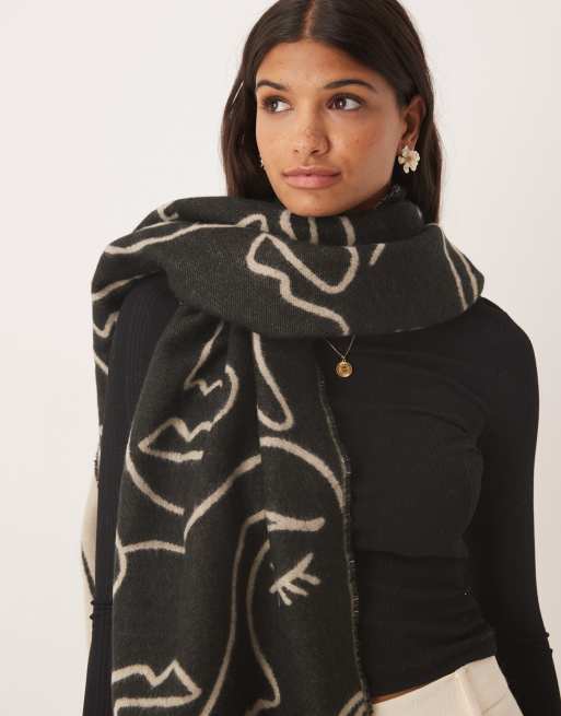 ASOS DESIGN abstract face jacquard woven scarf in stone and black