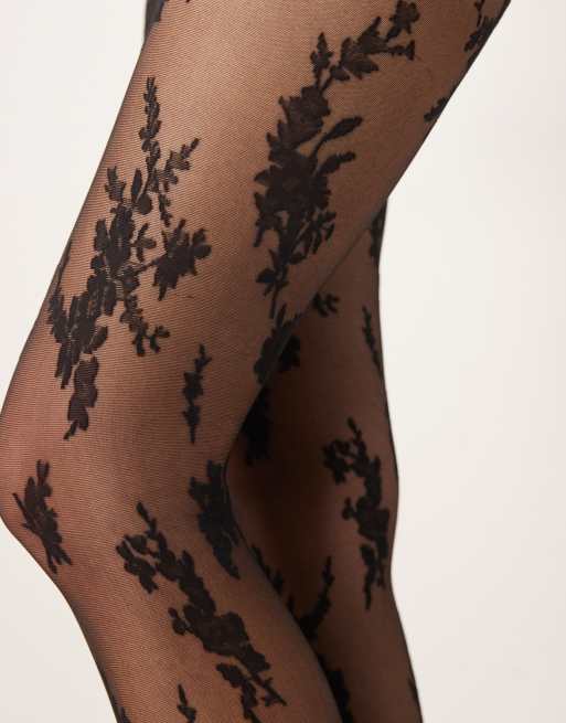 ASOS DESIGN abstract large floral lace tights in black, 2 of 3