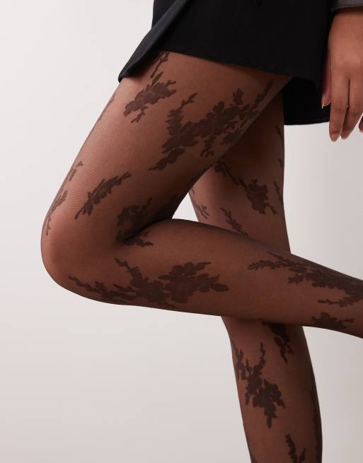 ASOS DESIGN abstract large floral lace tights in chocolate, 2 of 3