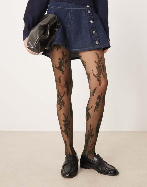 ASOS DESIGN abstract large floral lace tights in dark green - view 1