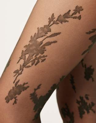 Asos Design Abstract Large Floral Lace Tights In Green
