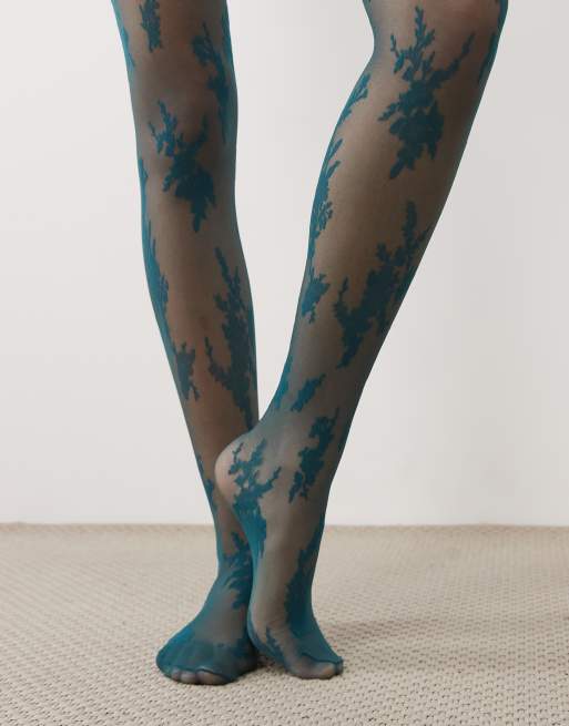 ASOS DESIGN abstract large floral lace tights in teal, 3 of 3