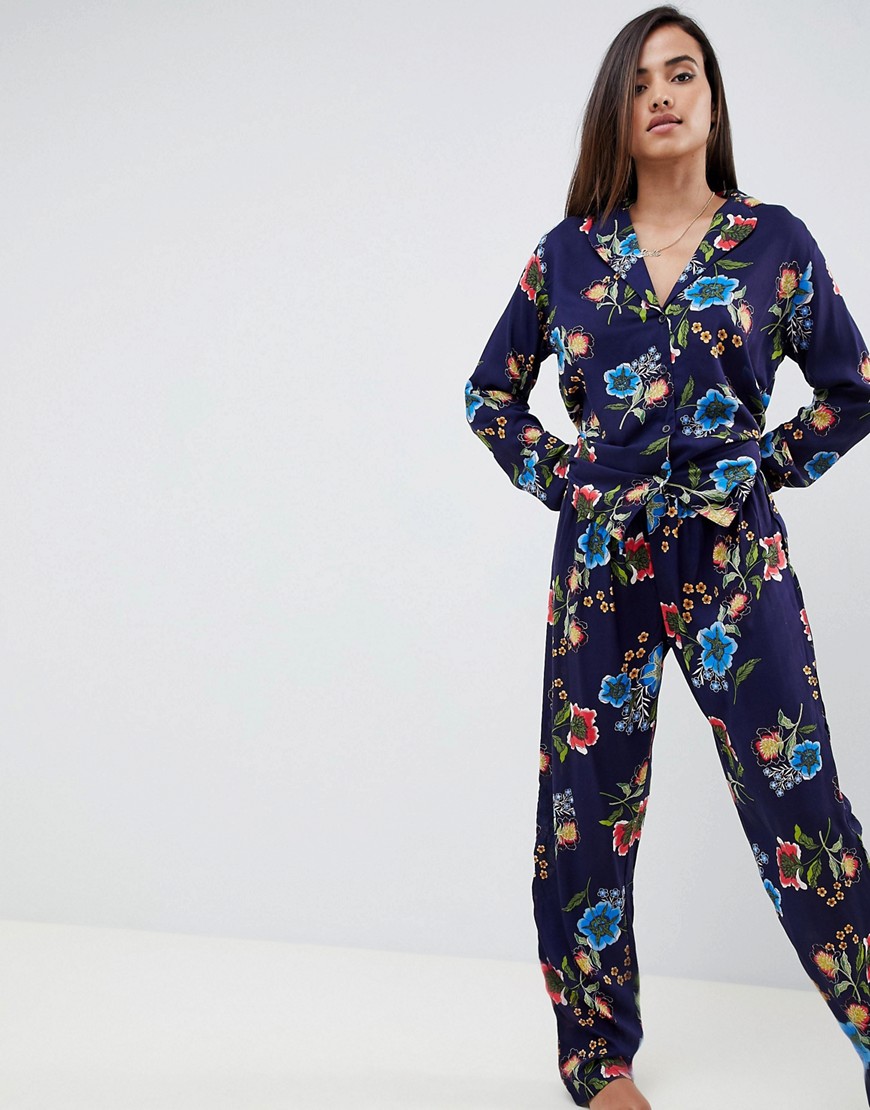 ASOS DESIGN Abstract Navy Floral Traditional 100% Modal Trouser Set