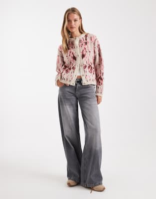 Asos Design Abstract Pattern Crew Neck Cardigan-pink In Pink