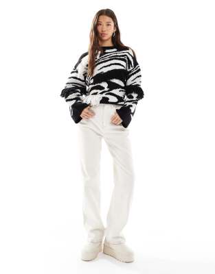 Asos Design Abstract Pattern Fringed Sweater In Black