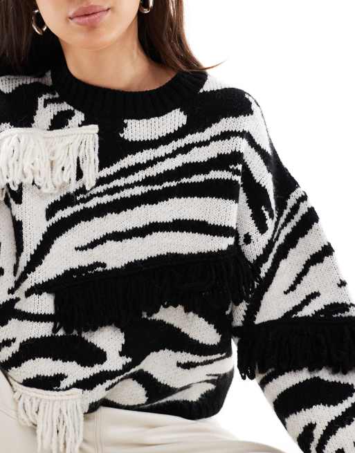ASOS DESIGN abstract pattern fringed sweater in mono, 4 of 4