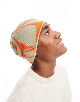 ASOS DESIGN abstract patterned skull beanie in stone and orange - ASOS Price Checker