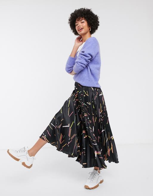 ASOS DESIGN abstract print satin pleat midi skirt