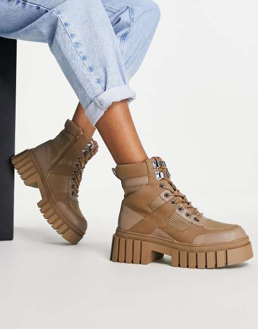 ASOS DESIGN - Abstract - Wandellaarzen met veters en dikke zool in beige
