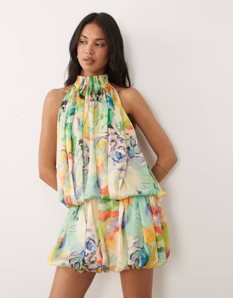 ASOS DESIGN – Abstrakt blommig miniklänning i två lager satin med ballongfåll och halterneck - view 1