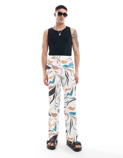 ASOS DESIGN – Abstrakt blommiga finbyxor i linnemix med vida ben