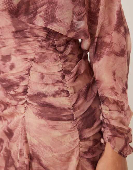 ASOS DESIGN – Abstrakt mönstrad maxiklänning med blusärmar och rynkning, 3 av 4