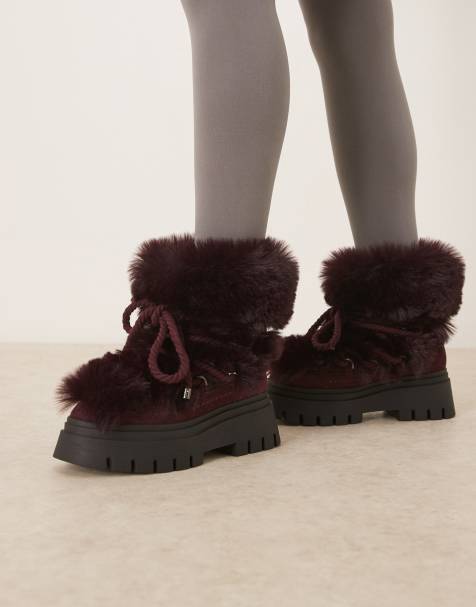 ASOS DESIGN Acclaim faux-shearling lace-up snow boots in burgundy - view 1