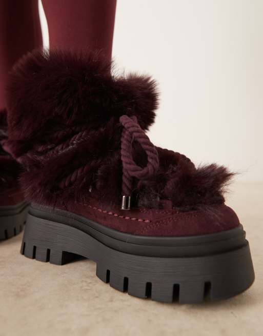 ASOS DESIGN – Acclaim – Schneestiefel zum Schnüren in Burgunderrot mit Lammfellimitat, 3 von 4
