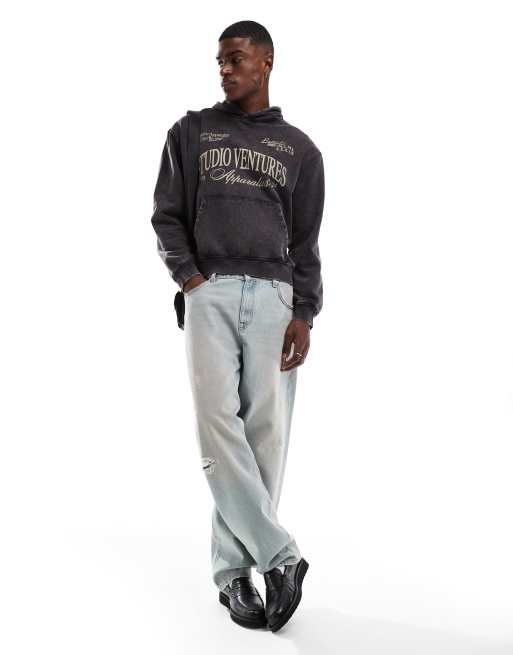 ASOS DESIGN acid wash hoodie with front chest print in grey, 2 of 4