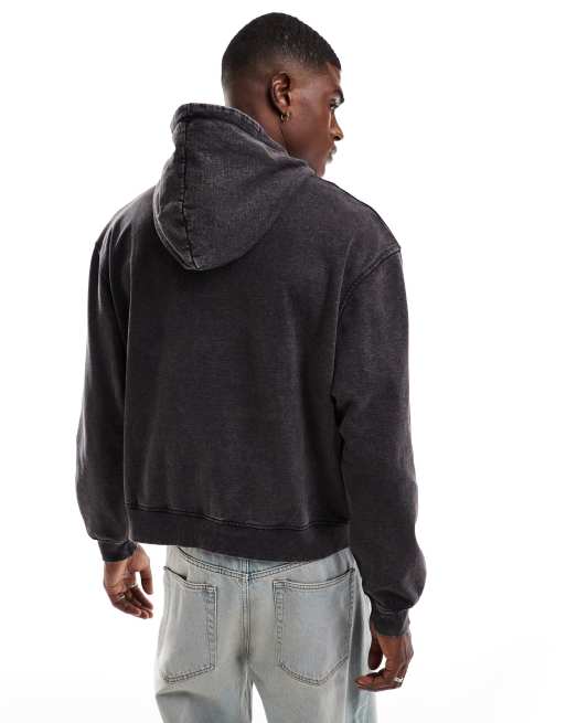 ASOS DESIGN acid wash hoodie with front chest print in grey, 3 of 4