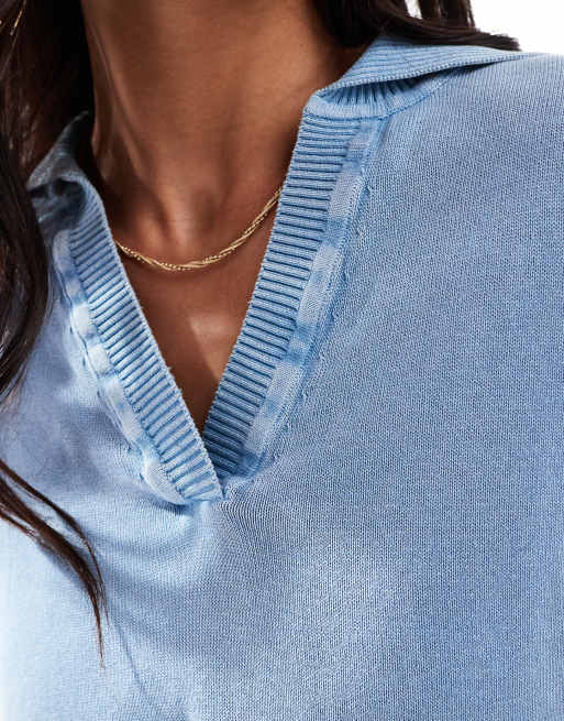 ASOS DESIGN acid wash knitted polo top with collar detail in blue, 2 of 4