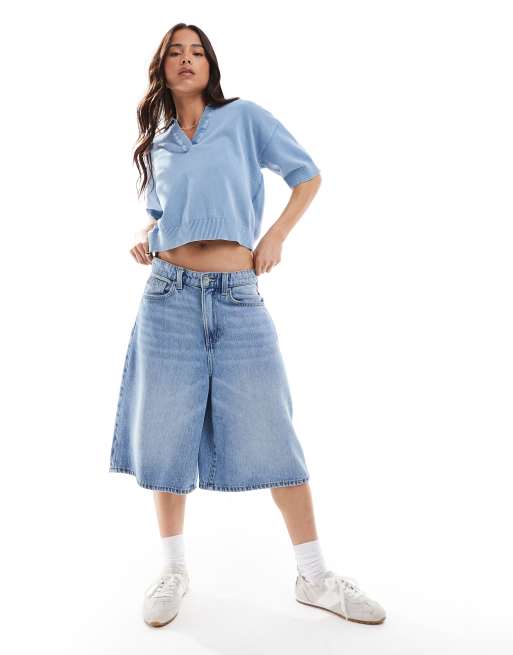 ASOS DESIGN acid wash knitted polo top with collar detail in blue, 4 of 4