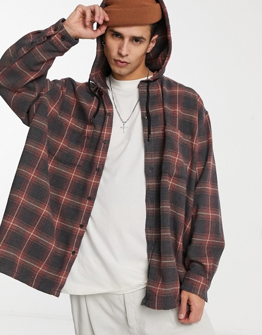 ASOS DESIGN acid wash oversized red and black check shirt with hood