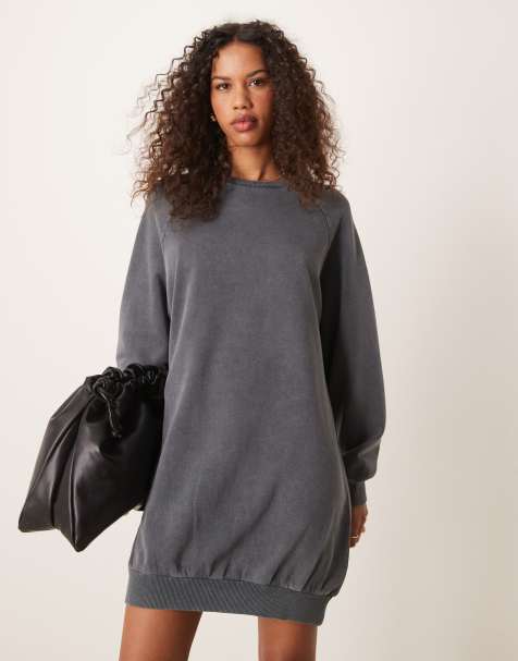 ASOS DESIGN acid wash raglan sweat mini dress in black