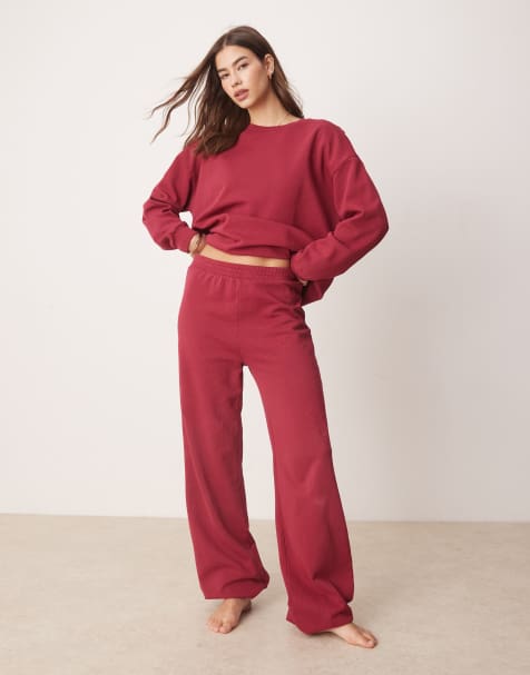 ASOS DESIGN acid wash sweat and jogger co ord in burgundy - view 1