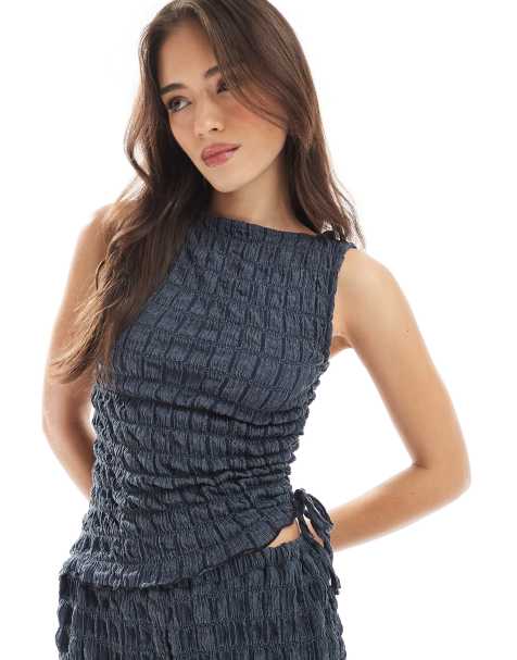 ASOS DESIGN acid wash texture drawstring side slash neck top in blue - view 1