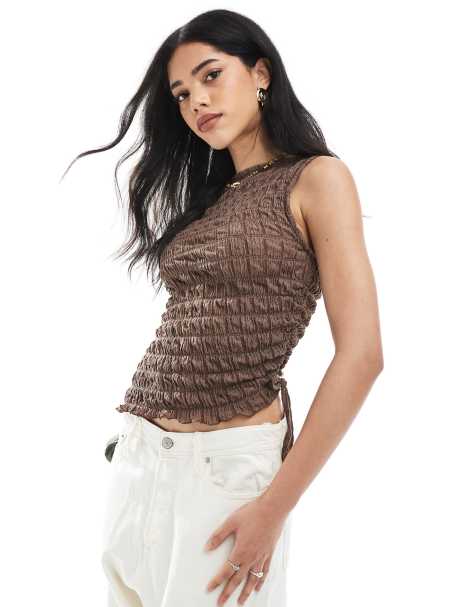 ASOS DESIGN acid wash texture drawstring side slash neck top in brown - view 1