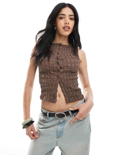 ASOS DESIGN acid wash textured button through vest in brown - part of a set, 3 of 4