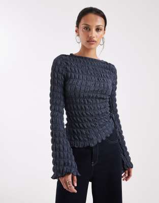 Asos Design Acid Wash Textured Drawstring Side Long Sleeve Slash Neck Top In Blue