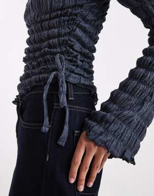 Asos Design Acid Wash Textured Drawstring Side Long Sleeve Slash Neck Top In Blue