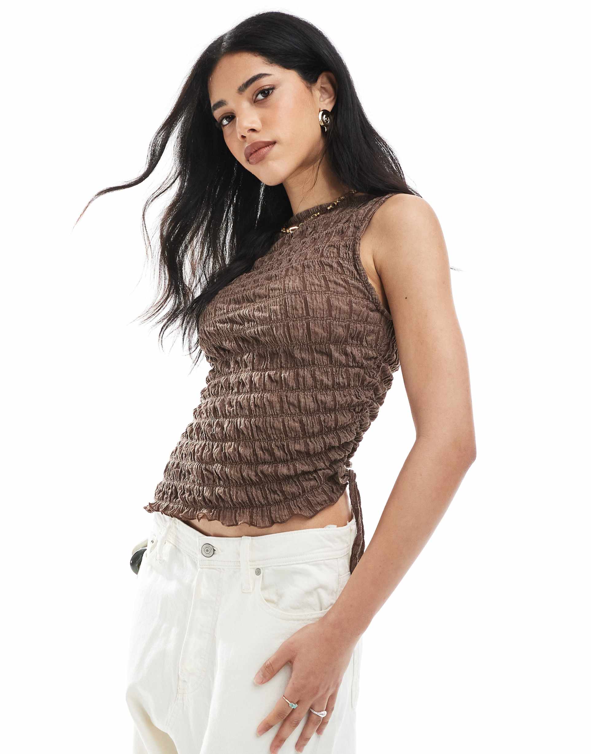 asos design acid wash textured drawstring side slash neck top in brown