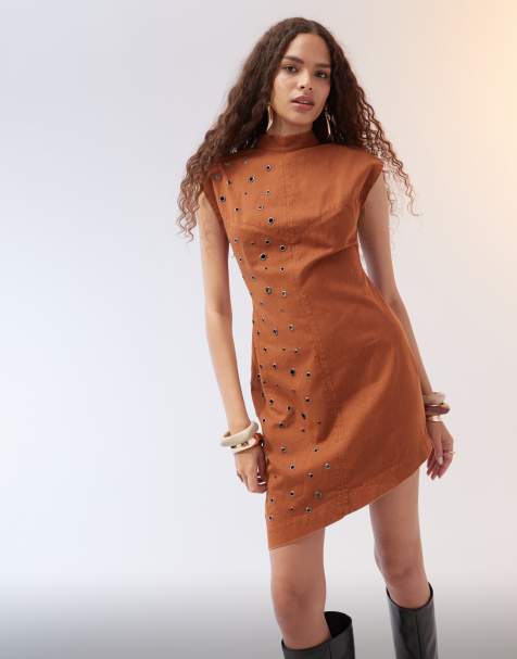 ASOS DESIGN acid wash twill eyelet detail mini dress in tan - view 1