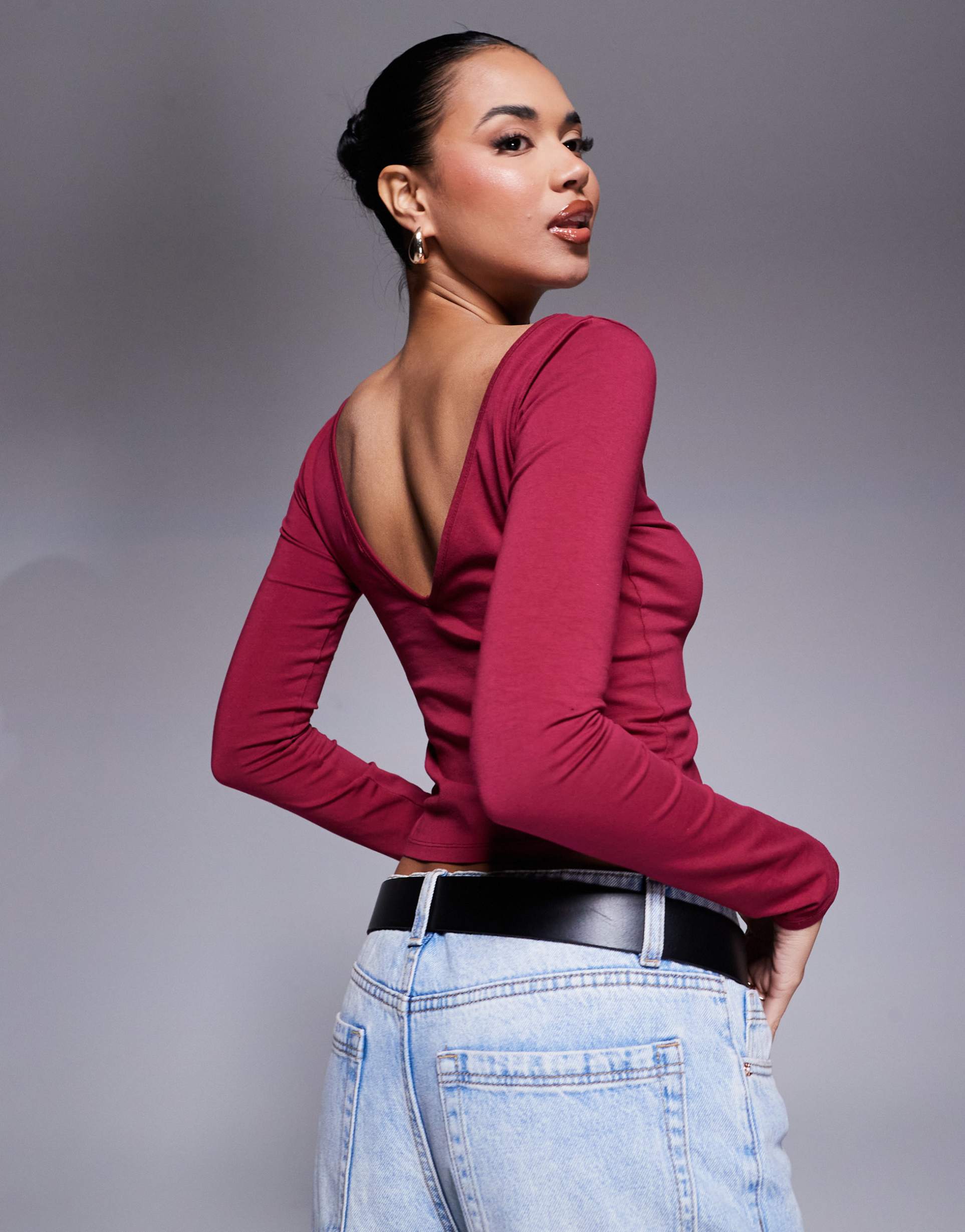 asos design acid wash v back slash neck top in burgundy