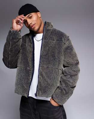 Asos Design Acid Washed Cord Puffer Jacket In Navy