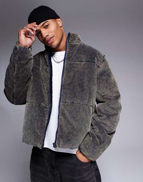 ASOS DESIGN acid washed cord puffer jacket in navy - view 1