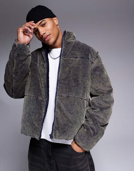 ASOS DESIGN acid washed cord puffer jacket in navy