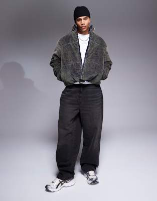 Asos Design Acid Washed Cord Puffer Jacket In Navy