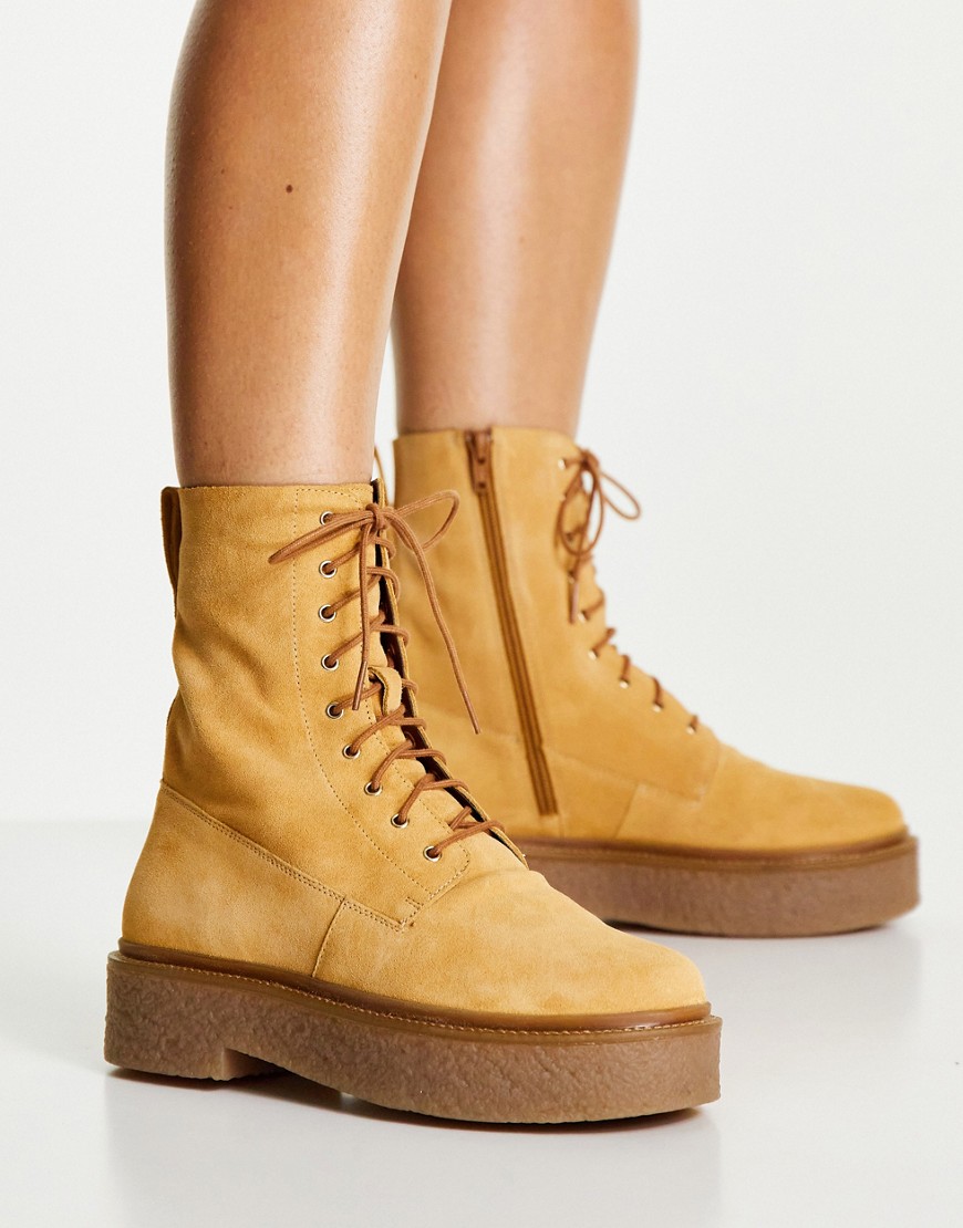 ASOS DESIGN Acolade premium suede flat lace up boots in sand-Neutral