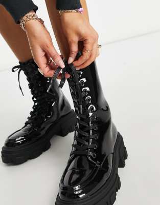 ASOS DESIGN Acoustic chunky lace up boots in black patent - ASOS Price Checker