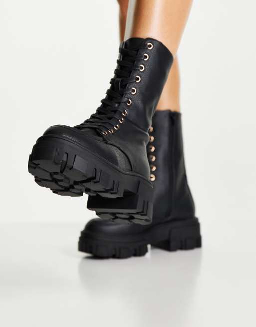 asos design camera chunky lace up knee boots in black