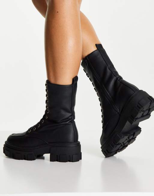 asos design camera chunky lace up knee boots in black