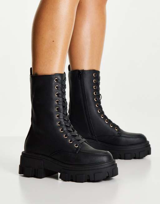 asos design camera chunky lace up knee boots in black